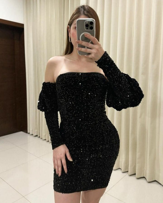 Elegant Black Sequin Sheath Homecoming Dress,Short Party Gown With Sleeves fg5631