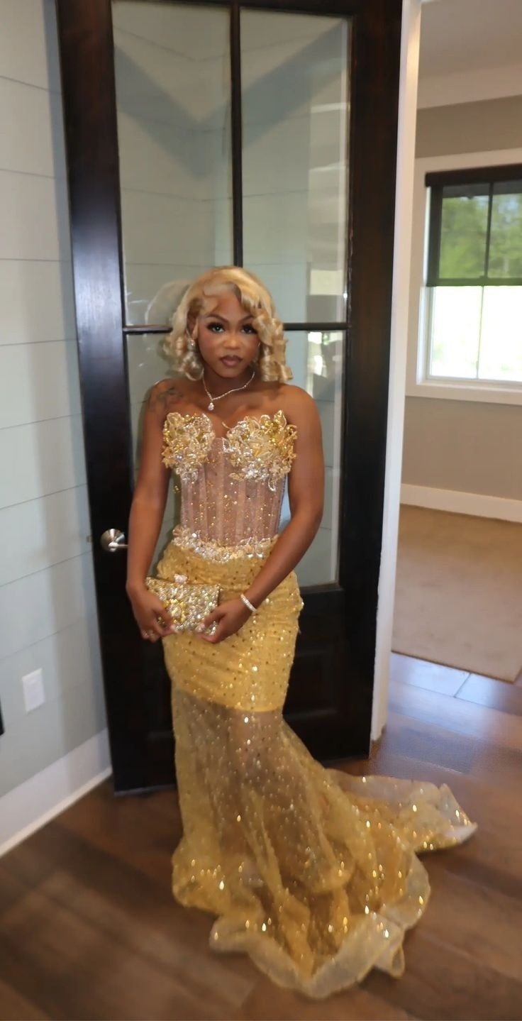 Gold Mermaid Prom Dress Evening Formal Party Birthday Engagement Gowns fg7444