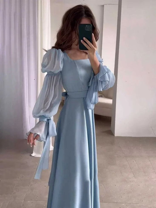Light Blue Puff Sleeves Long Evening Dress fg6688
