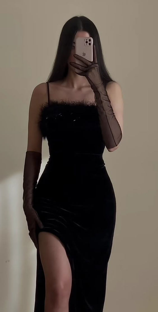 Mermaid Straps Long Slit Black Feather Prom Dresses fg6479