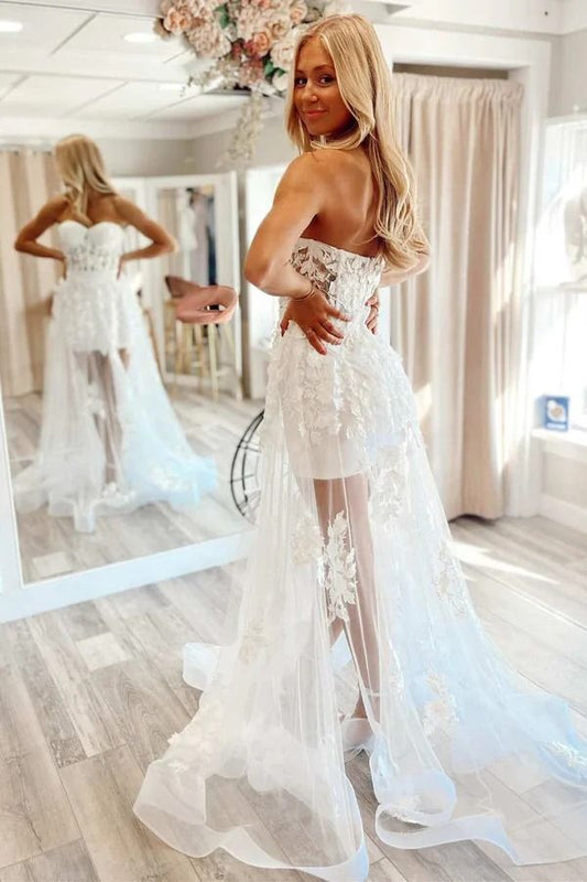 Sheer Lace Applique Prom Dresses Strapless Formal Gown fg6666
