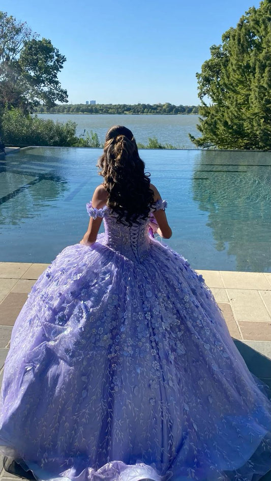 Lavender Princess 3D Flowers Sweetheart Quinceanera Dresses Ball Gown Tulle Prom Dress Puffy Sweet 15 16 Gown fg6503