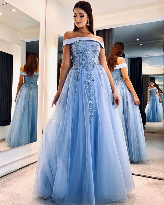 Off the shoulder applique tulle prom dresses beaded long evening dress fg6741