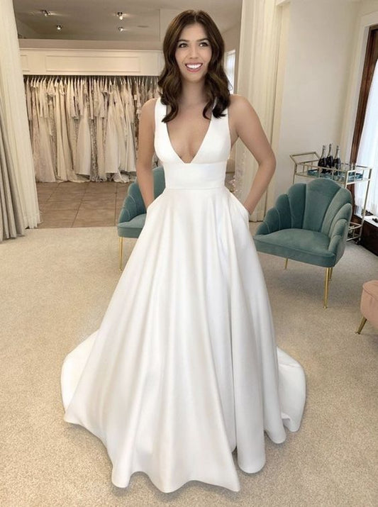 A-line Simple Satin Vintage Long Wedding Dresses fg6422