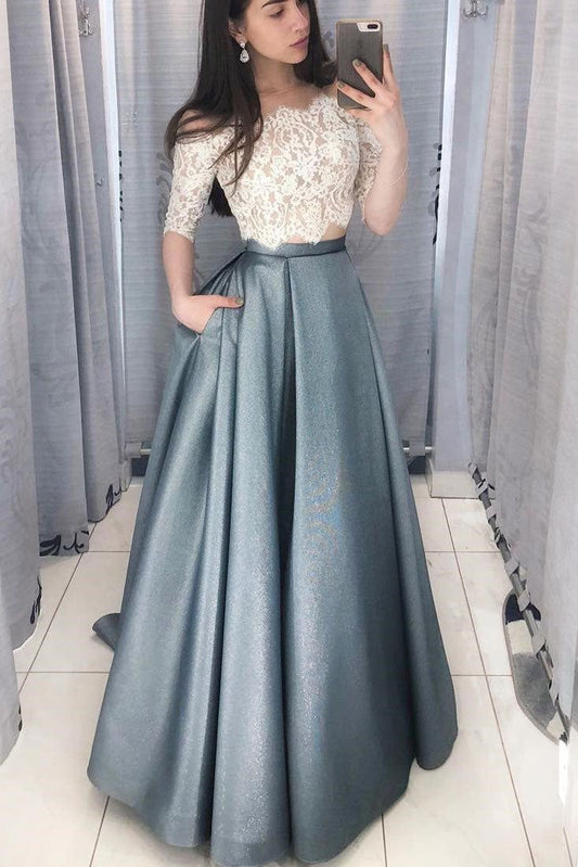 Two Piece Long Prom Dress with White Lace Top fg6170