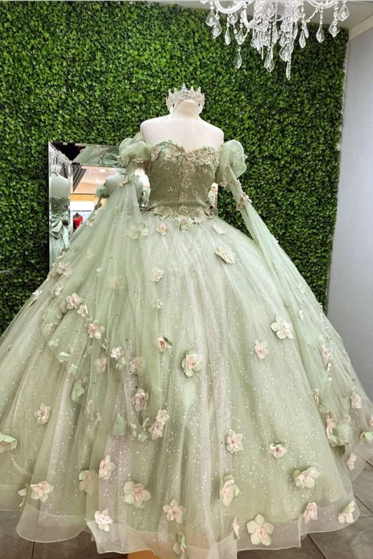 Shiny Light Sage Green Princess Dress with Flowers, Ball Gown Sweet 16 Dress fg6485