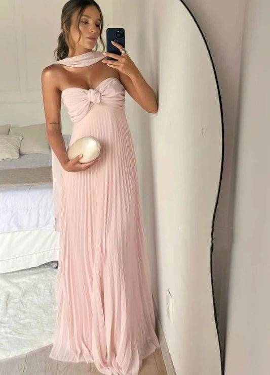 Strapless A Line Pink Long Prom Dress Pleated Formal Party Gown fg6582