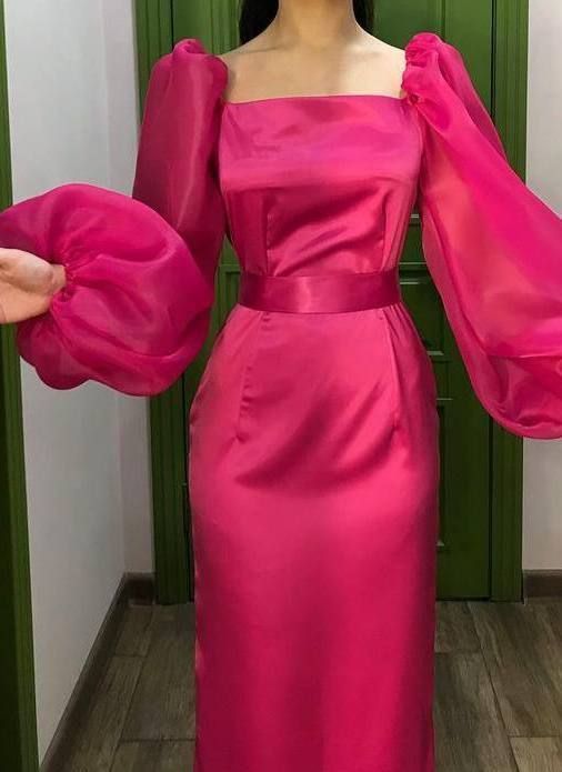 Women's Square Neckline Evening Dresses Long Sleeve Tulle Prom Party Dress fg6231