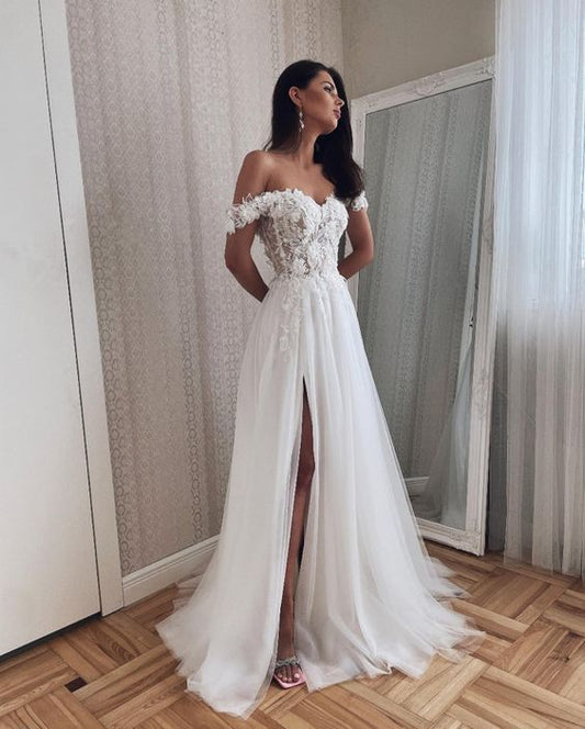 Charming A Line Off the Shoulder Tulle Wedding Dresses with Appliques fg6433
