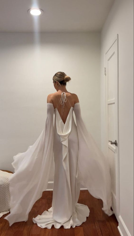 Wedding Dresses Soft Satin Long Floor Length Open Back Simple Bridal Gown With Detachable Flare Sleeves fg6409