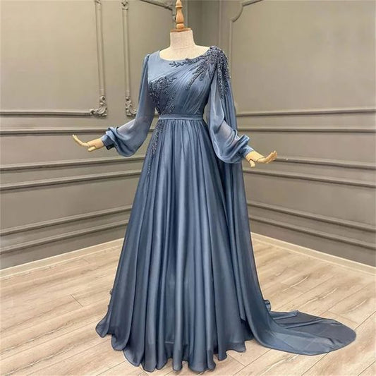 Elegant Blue Chiffon Gown with Embellished Sleeves Evening Dress fg6652
