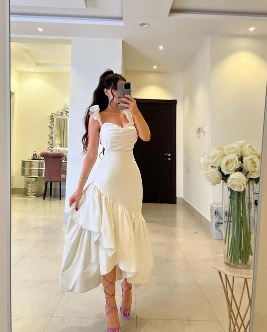 White Straps Ruffle Mermaid Party Gown Arabia Prom Dresses For Women fg6319