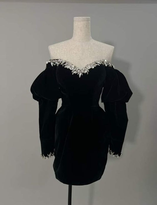 Puff sleeve mini dress, elegant black long sleeve short evening dress fg6107