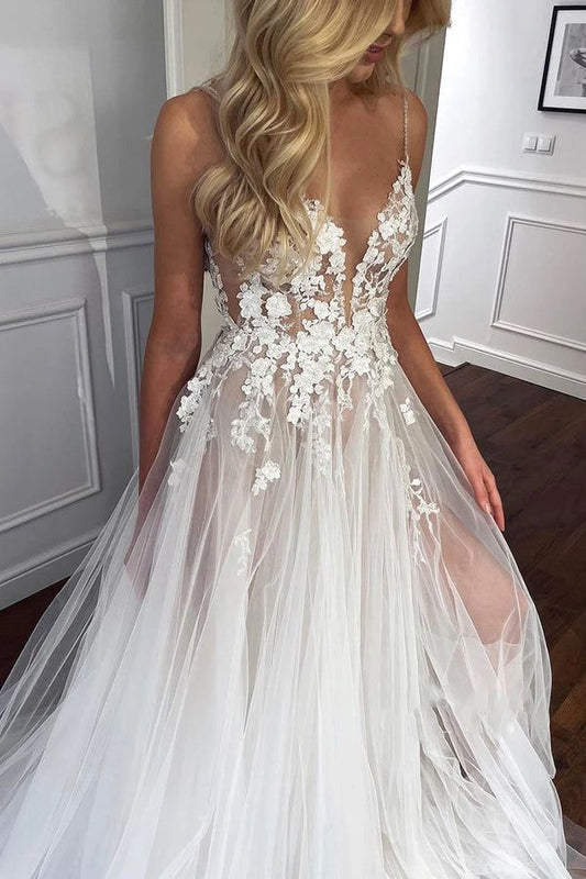 Spaghetti Straps V-Neck Lace Appliques A-line Tulle Rustic Wedding Dress With Slit fg6416