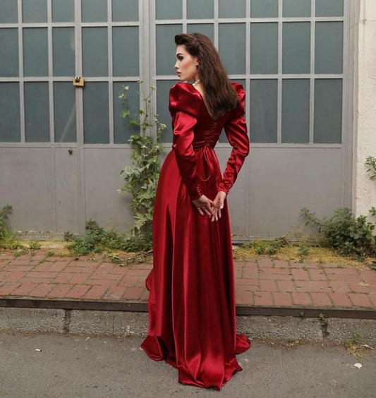 Square Neck Long A Line Evening Gown Burgundy Long Sleeves Satin Formal Prom Party Dress fg6143