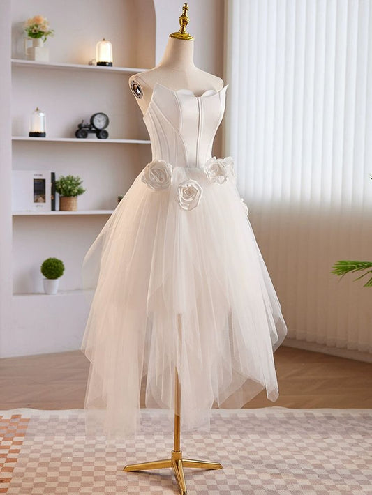 Unique White Tulle Satin Short Prom Dress, White Homecoming Dress fg6369