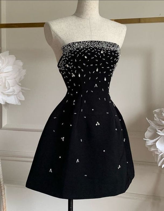 Strapless Sleeveless Beaded Satin A-Line Mini Homecoming Dress fg6108