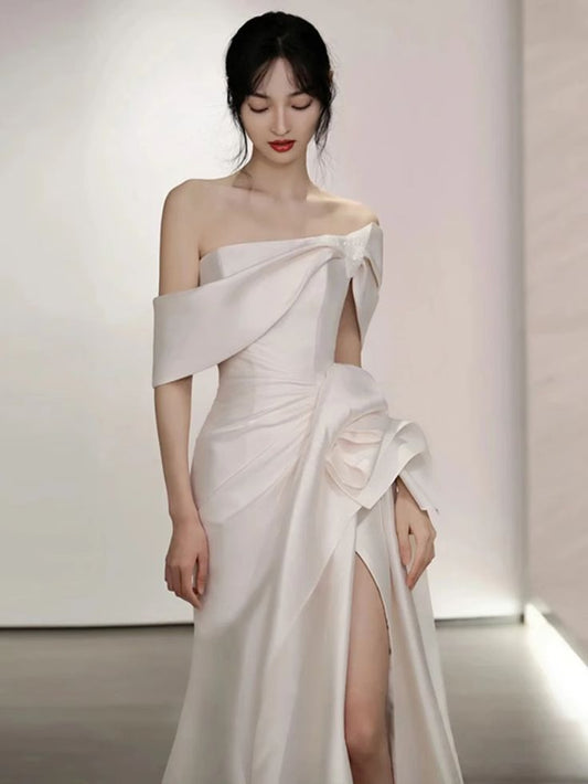 Off-The-Shoulder Satin High Split Twist Front Train Dresses For Wedding fg6444