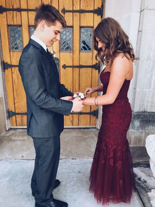 Elegant Mermaid Sweetheart Burgundy Lace Long Prom Evening Dresses fg6660