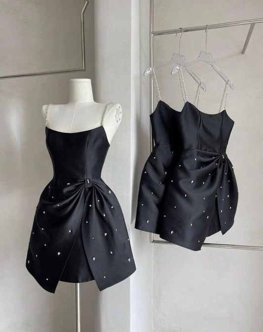 Spaghetti strap short dress rhinestone satin dress Homecoming Dress fg6109