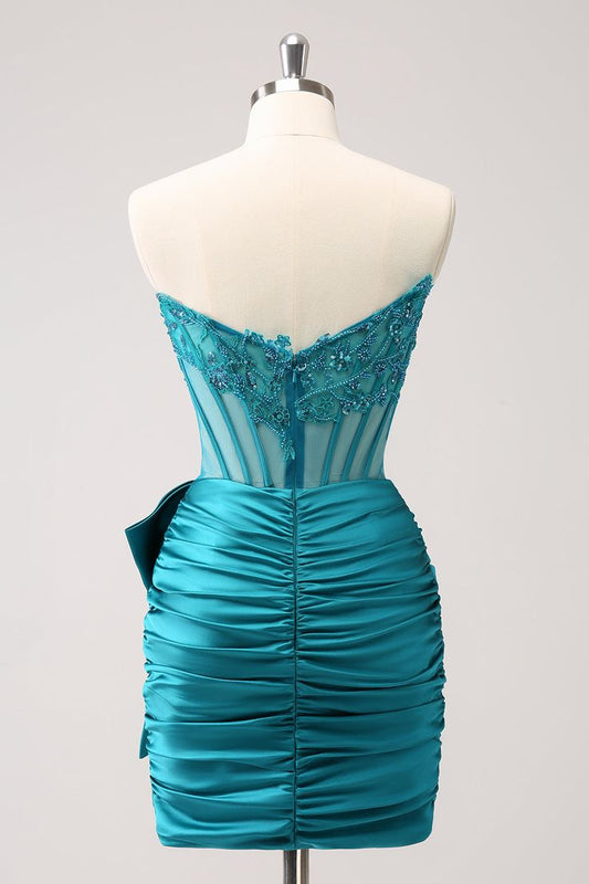 Tight Strapless Pleated Short Homecoming Dress with Bow fg6263