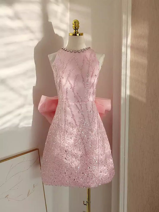 Sexy A line Scoop Pink Sequin Travel Vacation Dress Short Birthday Dress fg6374