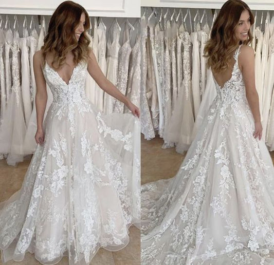 Light champagne applique tulle wedding gown spaghetti straps bridal dresses fg6164