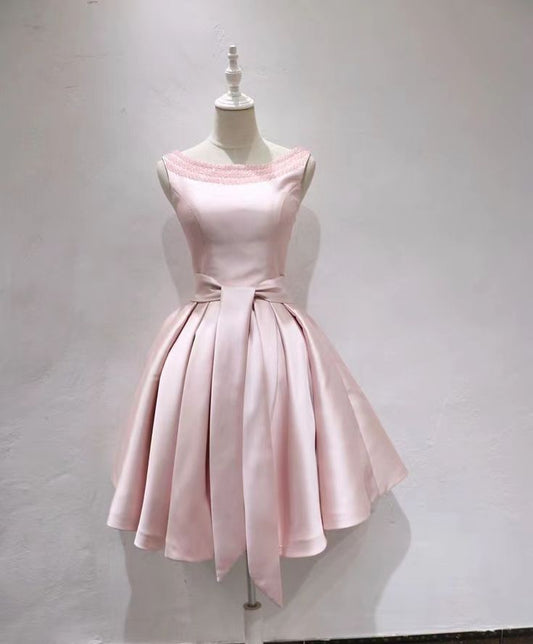 O-neck Homcoming Dress, Satin Sleeveless Dress With Beads fg6389