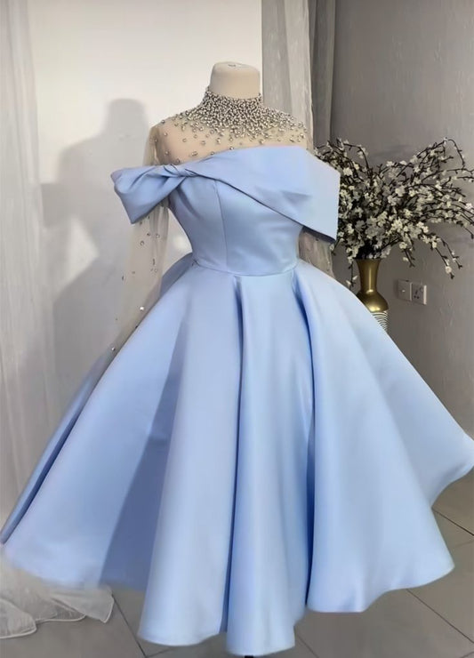 Blue hoco dress with sleeves Short Prom Party Dress fg6079