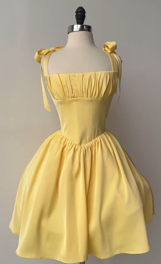A Line Homecoming Dresses Yellow Bow Strap Prom Cocktail Party Gown fg6229