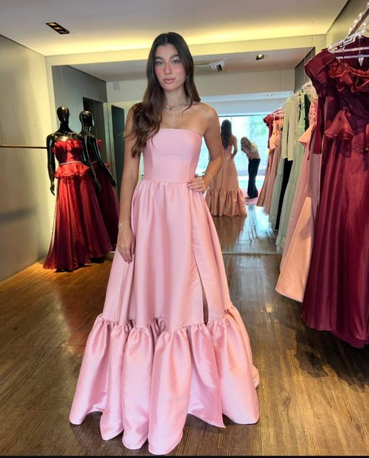 Elegant Pink Satin Strapless Evening Dress Women A-Line Prom Dress Simple Formal Occasion Dress Party Dress fg6300