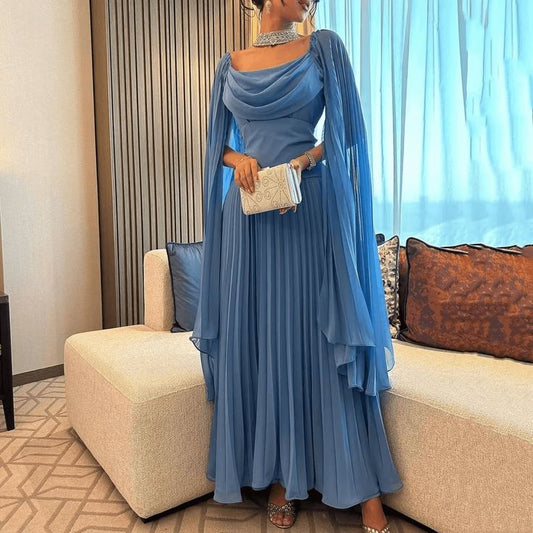 Elegant Blue Chiffon Prom Dresses,A-Line Ankle Length Party Dress fg6434
