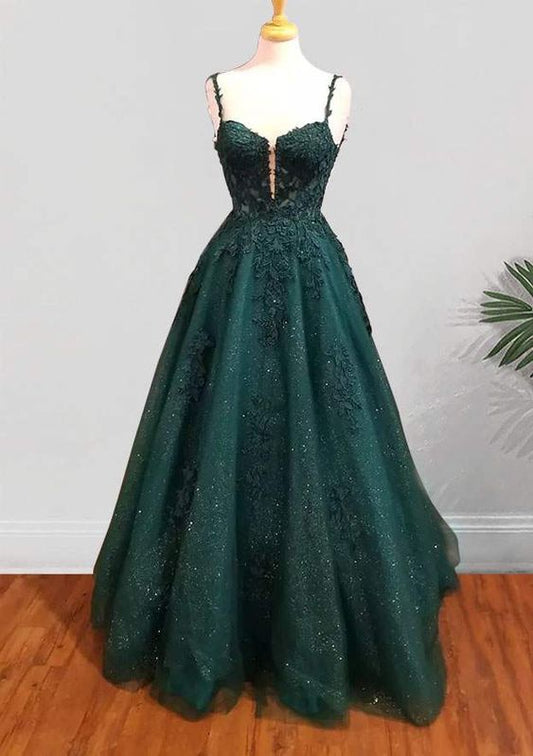A-line Spaghetti Straps Long/Floor-Length Tulle Prom Dress With Beading Glitter Appliqued fg6754