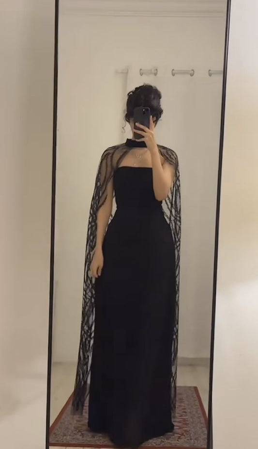 Black Long Prom Dresses, Evening Formal Dress With Cape fg6415