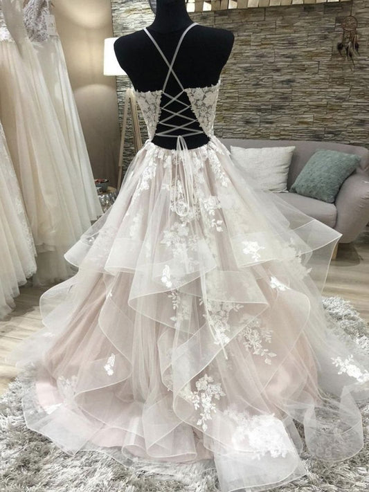 v neck tulle lace long prom dress, evening dress fg6169