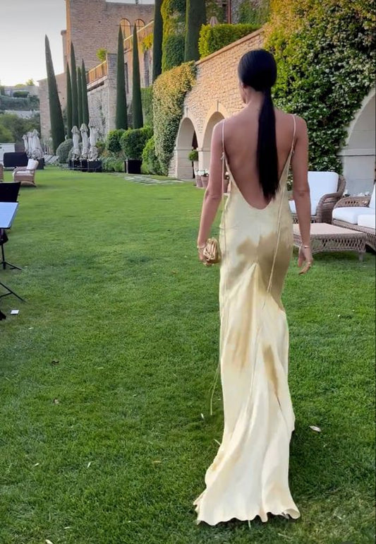 Yellow satin backless long prom evening dresses fg6718