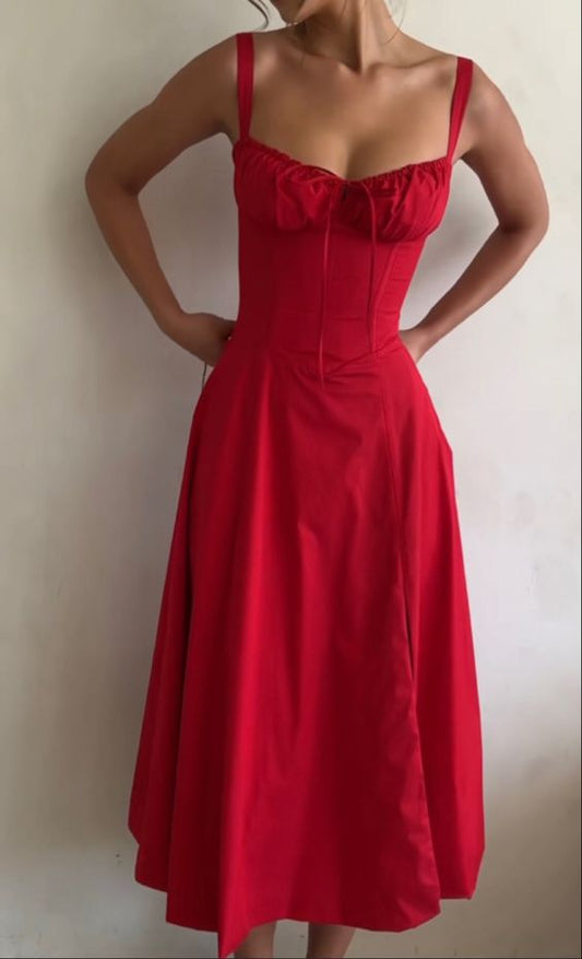Women's Sleeveless Red Square Neck Party Prom Dress Split Sexy A-Line Midi Dress fg6008
