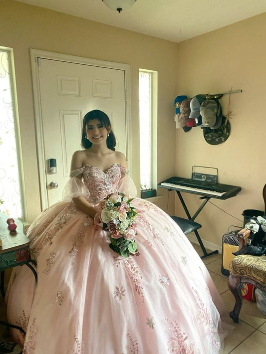 Pink Ball Gown Quinceanera Dress Applique Off the Shoulder Sweet 16 Vestidos fg5899