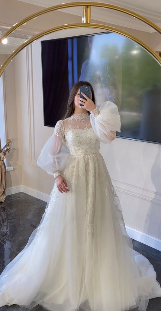 Elegant High Neck A-line Wedding Dress with Long Sleeves fg5764