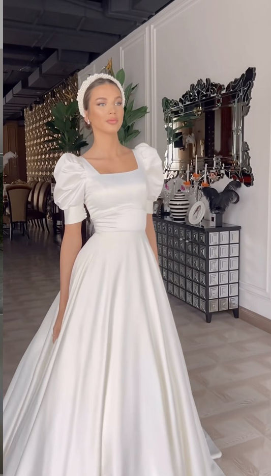 A Line Satin White Long Wedding Dress Princess Bridal Gown fg7432