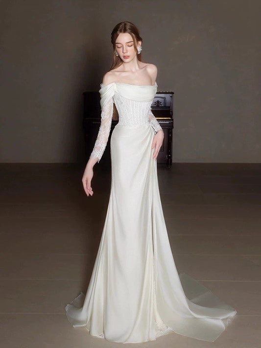 Elegant Off Shoulder Lace Wedding Dress Long Bridal Gown fg7561