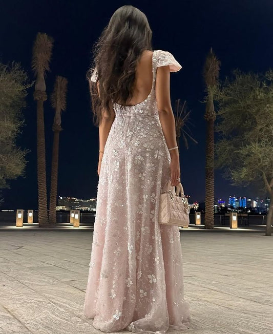 Pink Cap Sleeves Elegant Long Evening Dress Prom Dresses fg7795
