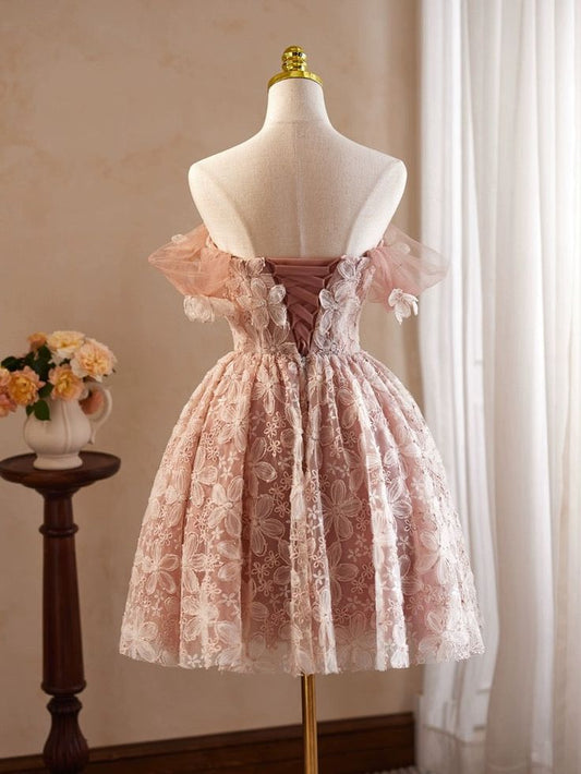 A-Line Off Shoulder Tulle Lace Short Prom Dress, Homecoming Dress fg5961