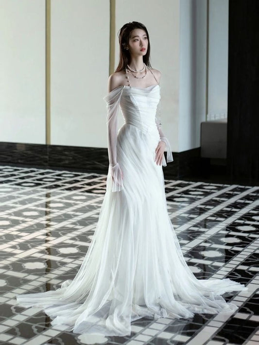 Elegant Off Shoulder Simple Wedding Dress Long Bridal Gown fg7558