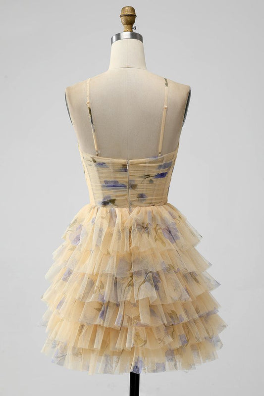 Yellow Print Keyhole Ruffle Tiered Short Homecoming Dress fg5965