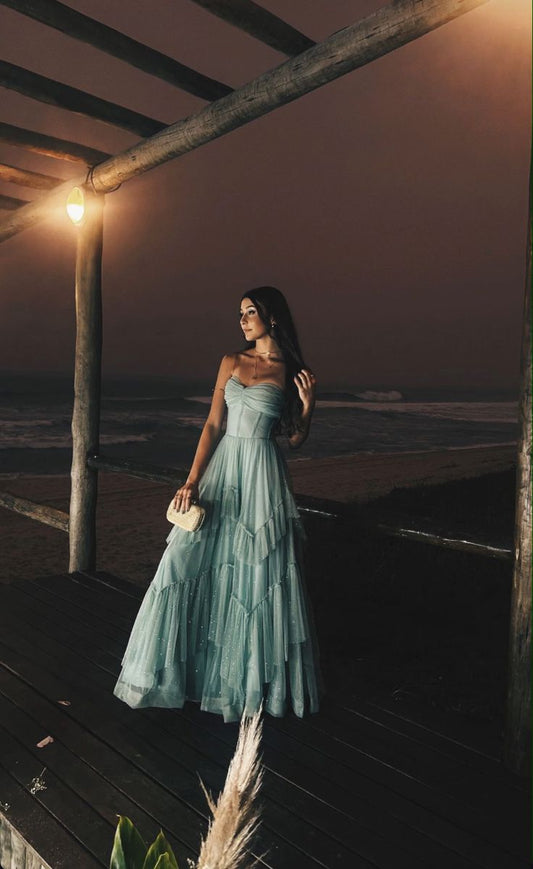 A Line Shinny Tulle Spaghetti Straps Sleeveless Long Evening Prom Dress fg7586