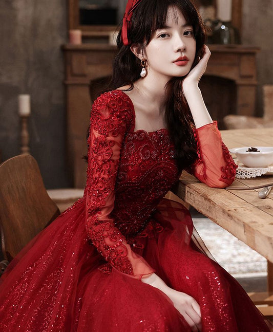 Burgundy Aline Lace Long Prom Dress, Burgundy Tulle Formal Graduation Dress fg5618