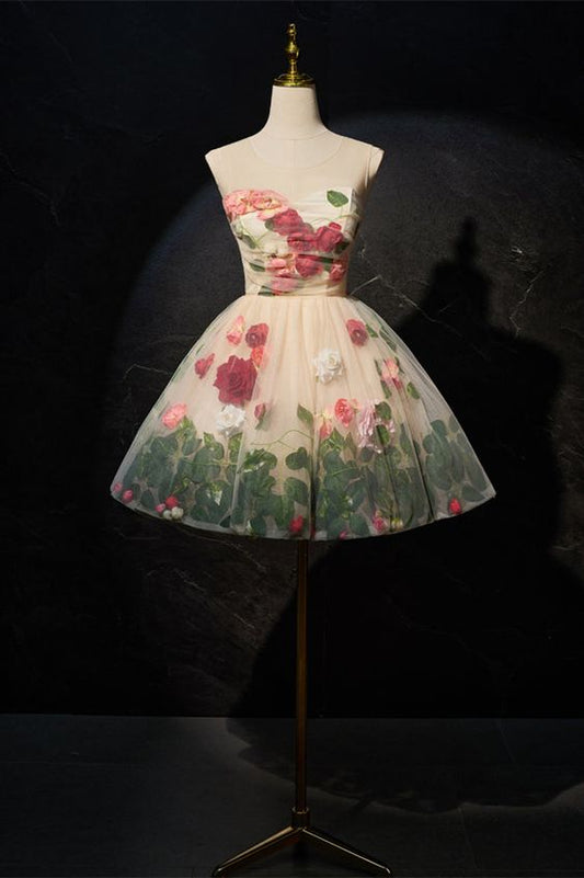 Cute Scoop Neck Short Prom Dress with Flowers, A-Line Party Dress fg5909