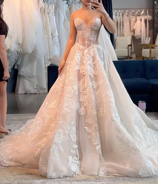 A Line Long Wedding Dress Strapless Lace Up Back Bridal Gown fg7509