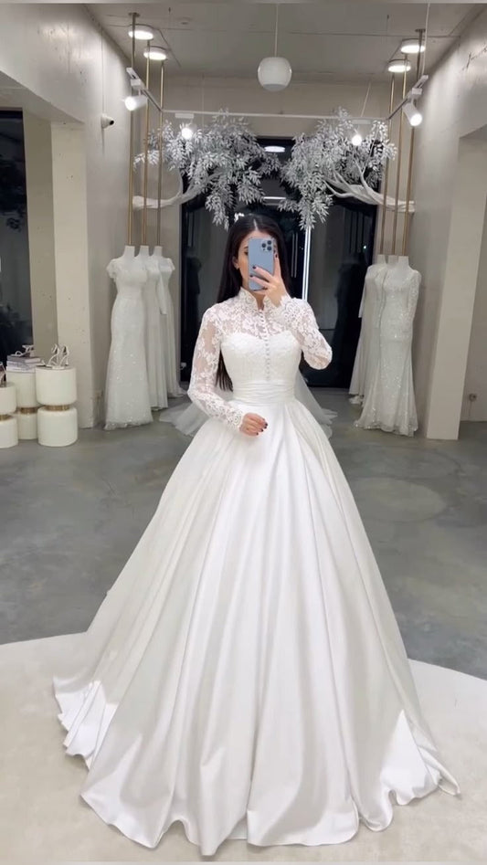 A Line Satin Lace Long Wedding Dress Bridal Gowns fg6658